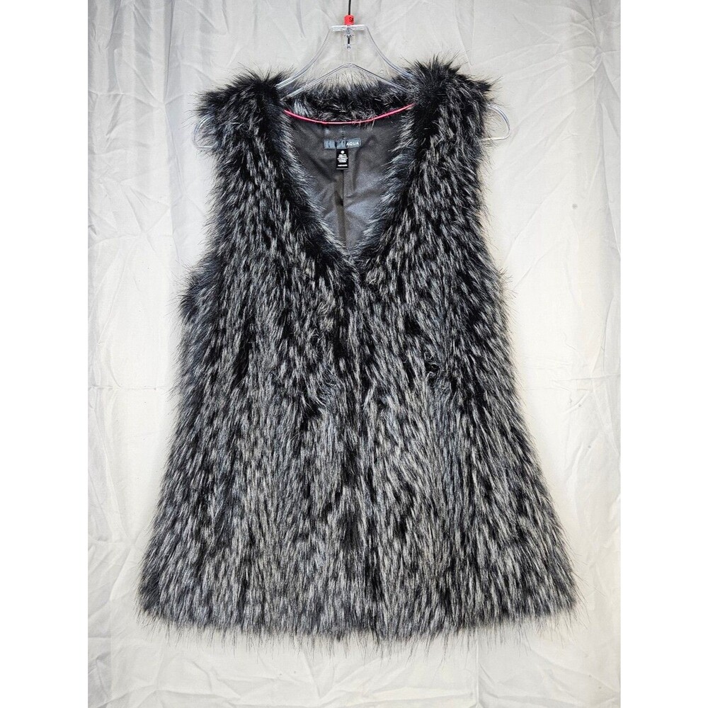 Bloomingdale's AQUA Gray Black Silver Fox Faux Fur Hidden Hook Closure Glam Vest